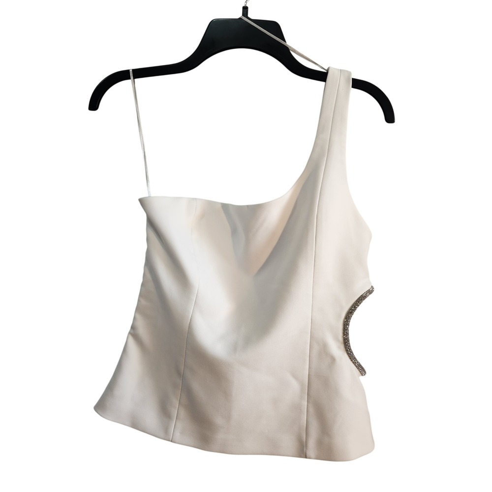 Zara Womens One Shoulder Rhinestone Cutout Top White‎ Asymmetric Size M NWOT